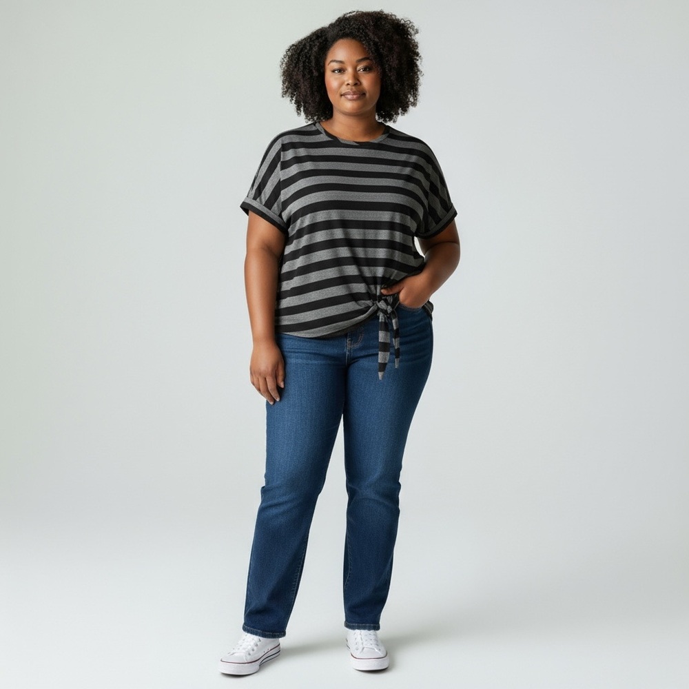 Striped Black and Gray Tie-Front Top